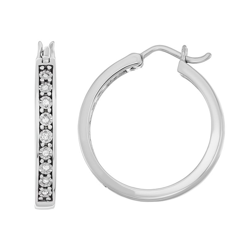 Sterling Silver Diamond Accent Illusion Plate Hoop Earrings, Womens, White