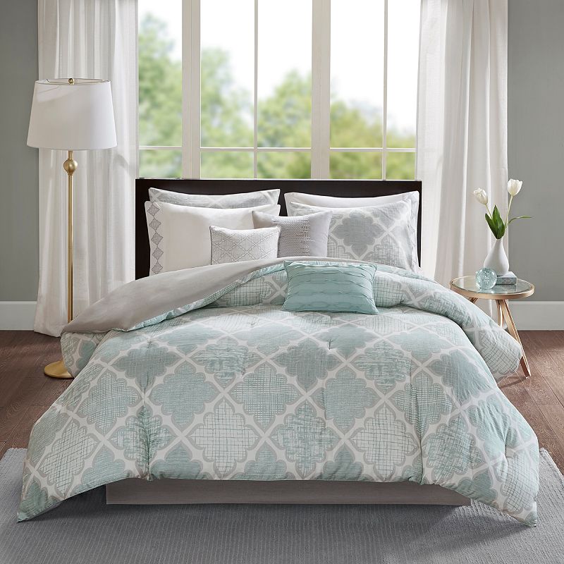 Madison Park Karyna Sateen Cotton Comforter Set with Throw Pillows, Turquoi