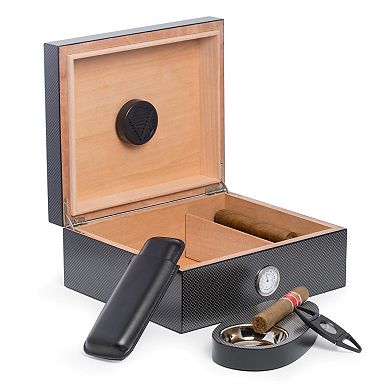 Bey-Berk 6 Piece Carbon Fiber Design Humidor Set.