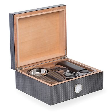Bey-Berk 6 Piece Carbon Fiber Design Humidor Set.