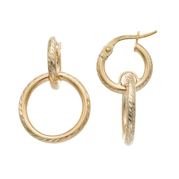 10k Gold Textured Circle Drop Hoop Earrings