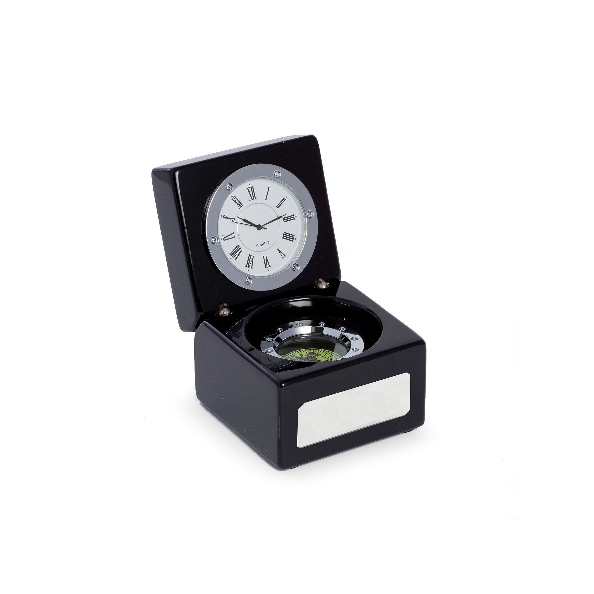 Bey-Berk Desk Clock & Compass, Black