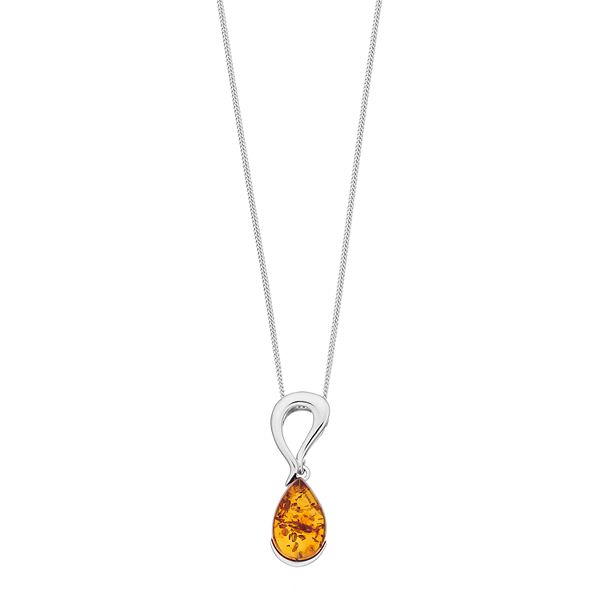 Natural Amber Teardrop Pendant Sterling Silver 925 18 inch Chain Necklace