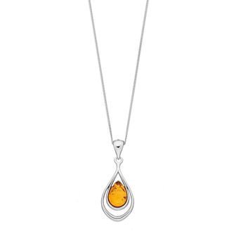 Sterling Silver Amber Double Teardrop Pendant Necklace