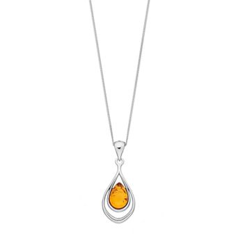 Sterling Silver Amber Double Teardrop Pendant Necklace