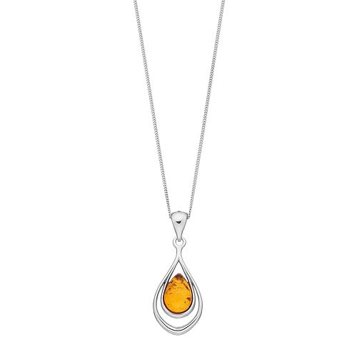 Sterling Silver Amber Double Teardrop Pendant Necklace