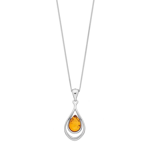 Sterling Silver Amber Double Teardrop Pendant Necklace