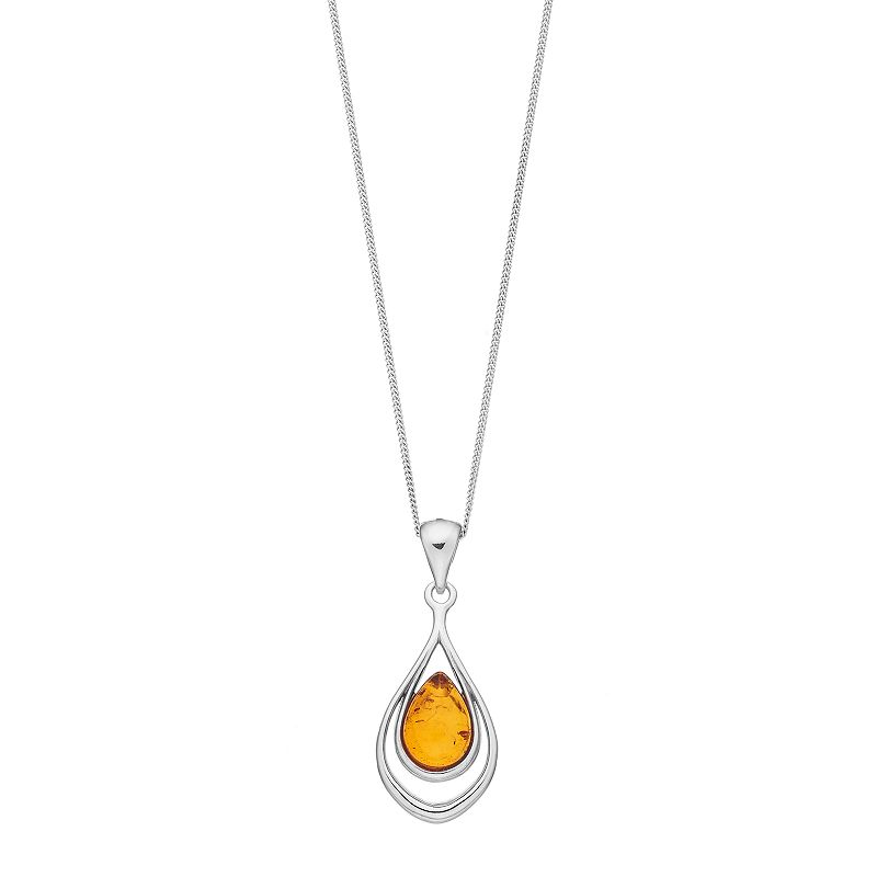 Sterling Silver Amber Double Teardrop Pendant Necklace, Womens, Size: 18