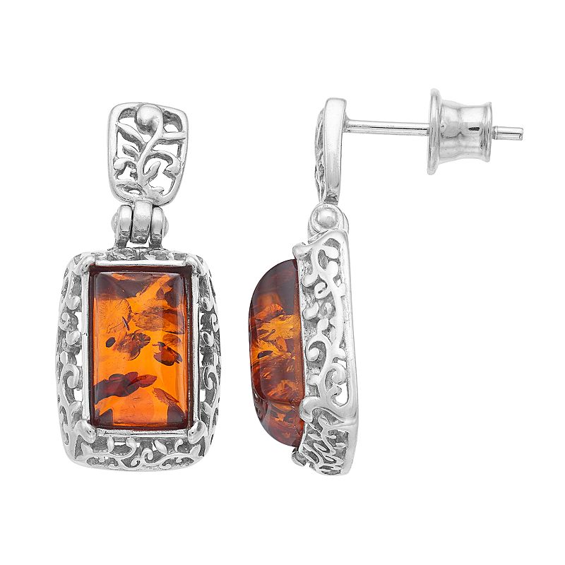Sterling Silver Amber Rectangle Drop Earrings, Womens, Brown