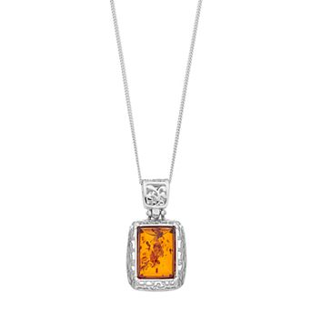 Sterling Silver Amber Filigree Rectangle Pendant Necklace