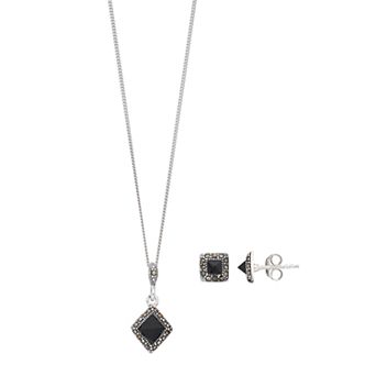 Tori Hill Sterling Silver Onyx & Marcasite Pendant & Stud Earring Set