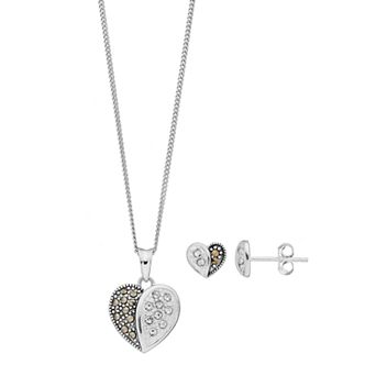 Tori Hill Sterling Silver Marcasite & Crystal Heart Pendant & Stud Earring Set