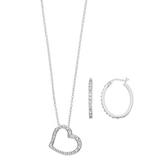 Diamond Mystique Platinum Over Silver Heart Pendant & Hoop Earring Set