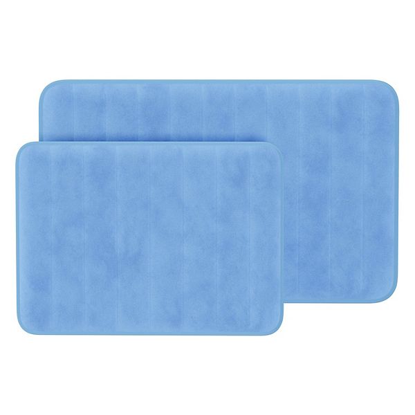 2 Piece Memory Foam Striped Bath Mat Set, Blue Striped Bathroom Rugs
