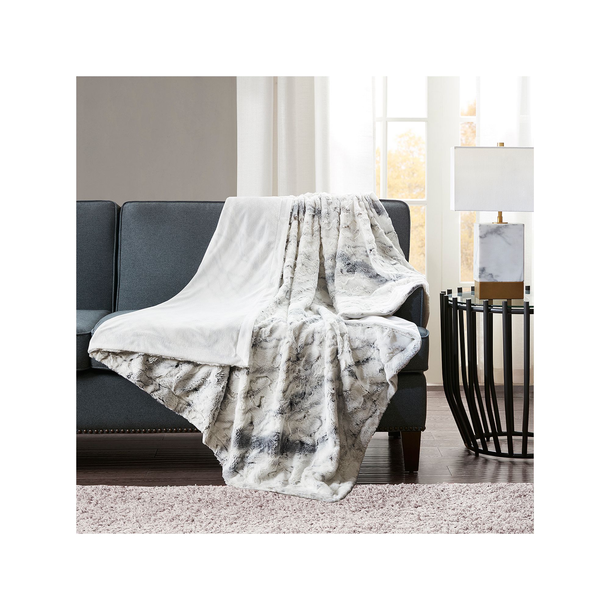 Madison Park Sachi Oversized Marble Print Faux Fur Throw Blanket, Gray