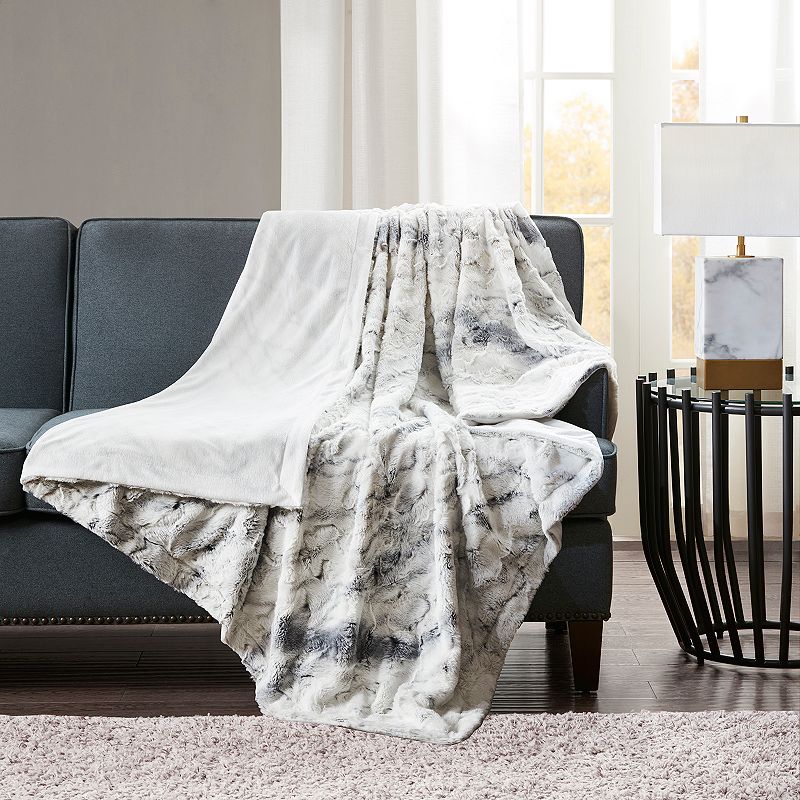 Madison Park Sachi Oversized Marble Print Faux Fur Throw Blanket, Grey