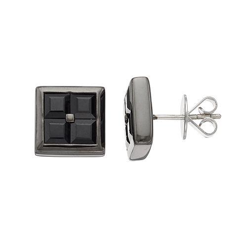 Men's Sterling Silver Black Sapphire Square Stud Earrings