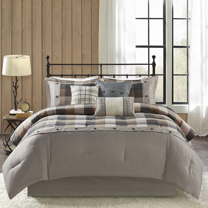 Madison Park Pioneer 7-piece Plaid Comforter Set with Throw Pillows, Beig/G