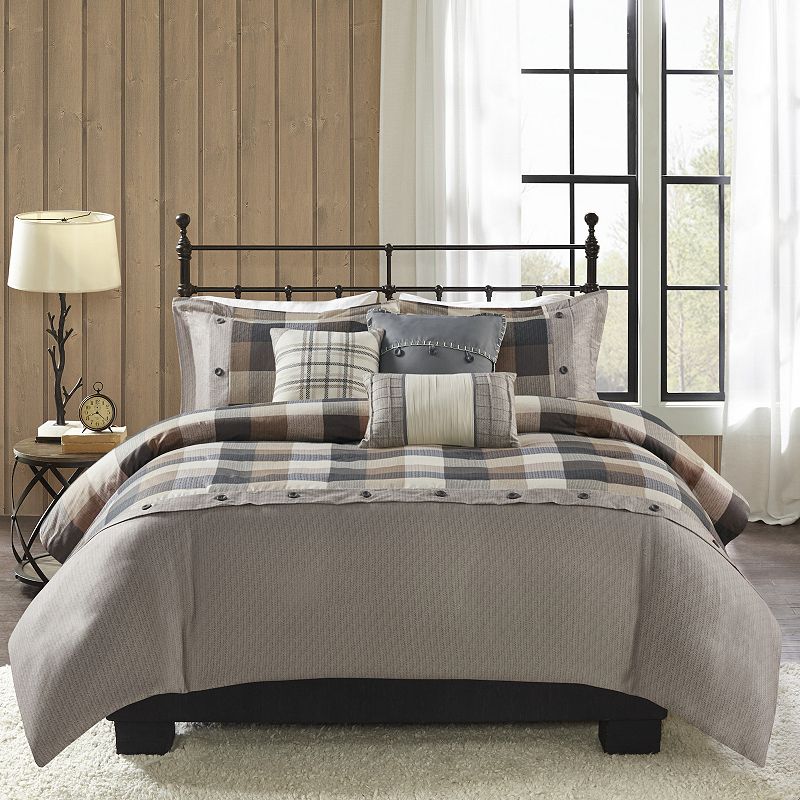 Madison Park Pioneer 6-piece Plaid Duvet Cover Set with Throw Pillows, Beig