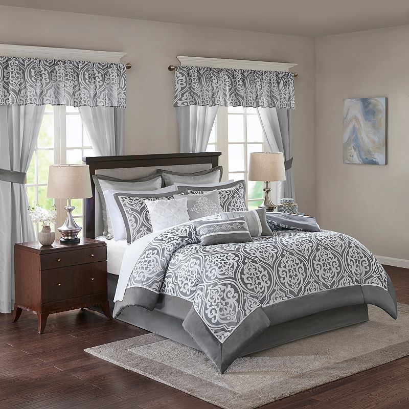 Madison Park Charley 24-piece Bed & Window Curtain Set, Grey, King