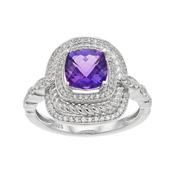 MASTERPIECE Sterling Silver Amethyst & Lab-Created White Sapphire Halo Ring