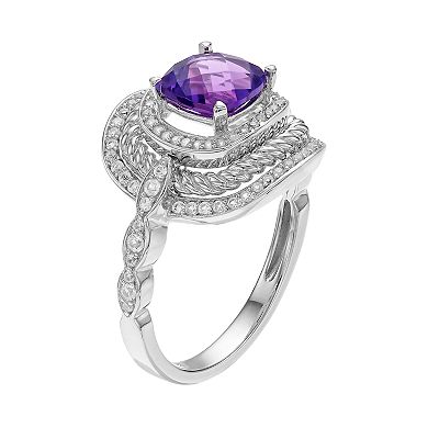 MASTERPIECE Sterling Silver Amethyst & Lab-Created White Sapphire Halo Ring