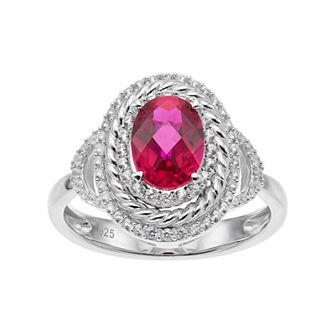 Sterling Silver Lab-Created Ruby & White Sapphire Oval Halo Ring