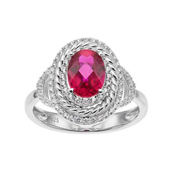 MASTERPIECE Sterling Silver Lab-Created Ruby & White Sapphire Oval Halo Ring