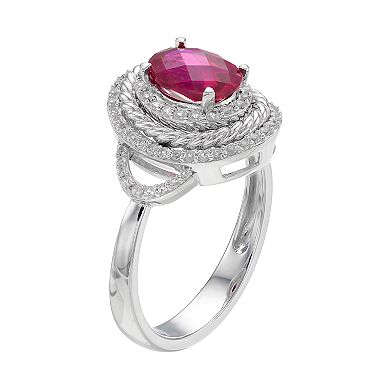 Sterling Silver Lab-Created Ruby & White Sapphire Oval Halo Ring