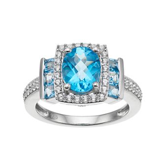 Sterling Silver Blue Topaz & Lab-Created White Sapphire Halo Ring