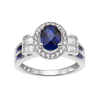Sterling Silver Lab-Created Blue & White Sapphire Oval Halo Ring