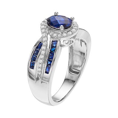 Sterling Silver Lab-Created Blue & White Sapphire Oval Halo Ring