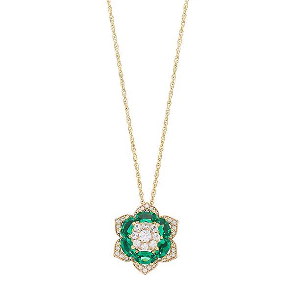 14k Gold Over Silver Lab-Created Emerald Flower Pendant Necklace