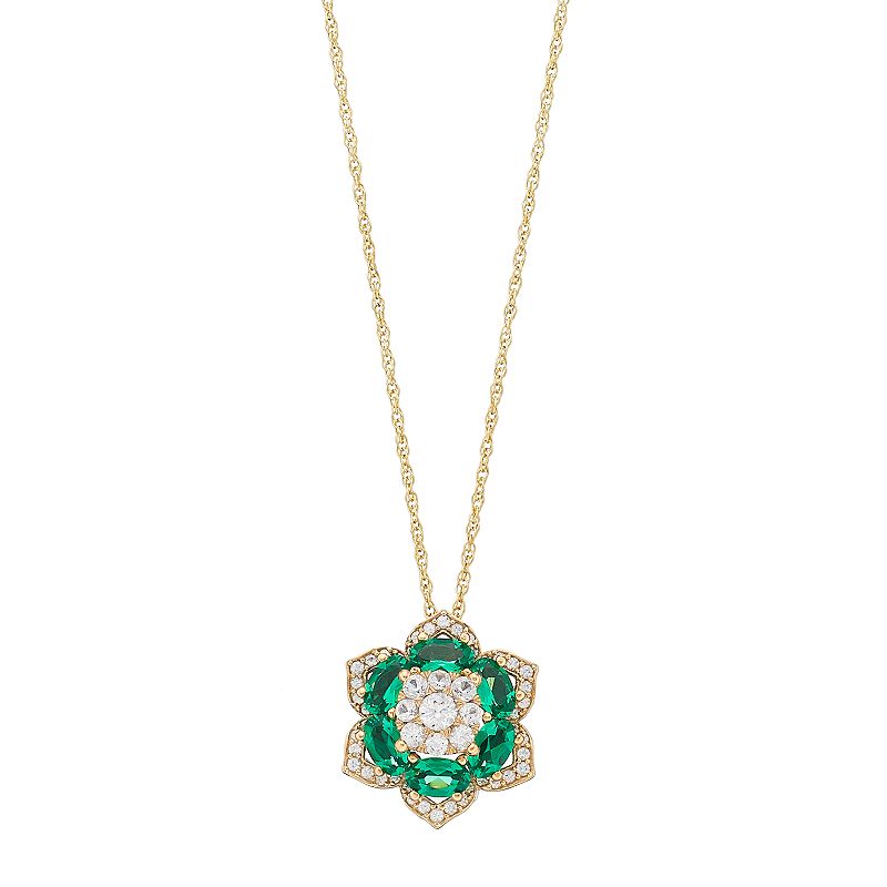 14k Gold Over Silver Lab-Created Emerald Flower Pendant Necklace, Womens,