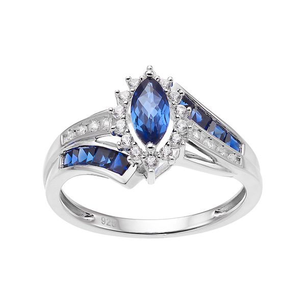Sterling Silver Lab-Created Blue & White Sapphire Marquise Halo Ring