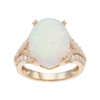 14k Gold Over Silver Lab-Created White Opal & White Sapphire Oval Ring