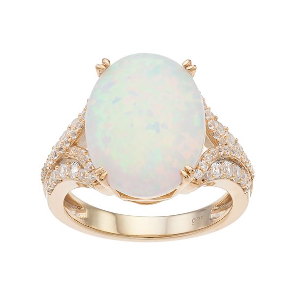 14k Gold Over Silver Lab-Created White Opal & White Sapphire Oval Ring