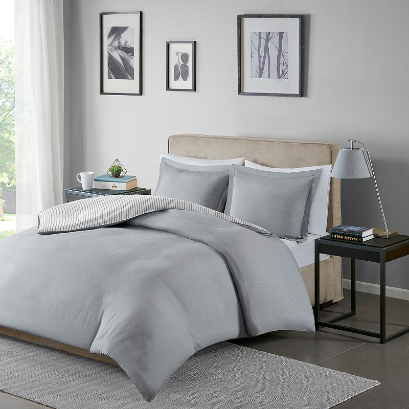 Madison Park Essentials Hayden Reversible Stripe Duvet Cover Set, Grey, Kin