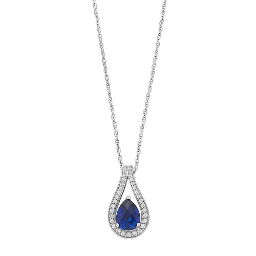 Sterling Silver Lab-Created Blue & White Sapphire Teardrop Pendant Necklace