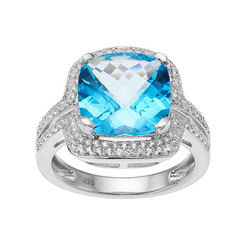 Sterling Silver Blue Topaz & Lab-Created White Sapphire Square Halo Ring