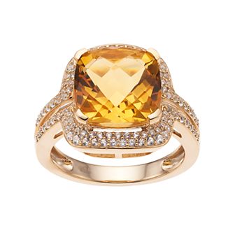 14k Gold Over Silver Citrine & Lab-Created White Sapphire Square Halo Ring