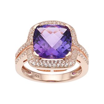 14k Rose Gold Over Silver Amethyst & Lab-Created White Sapphire Square Halo Ring