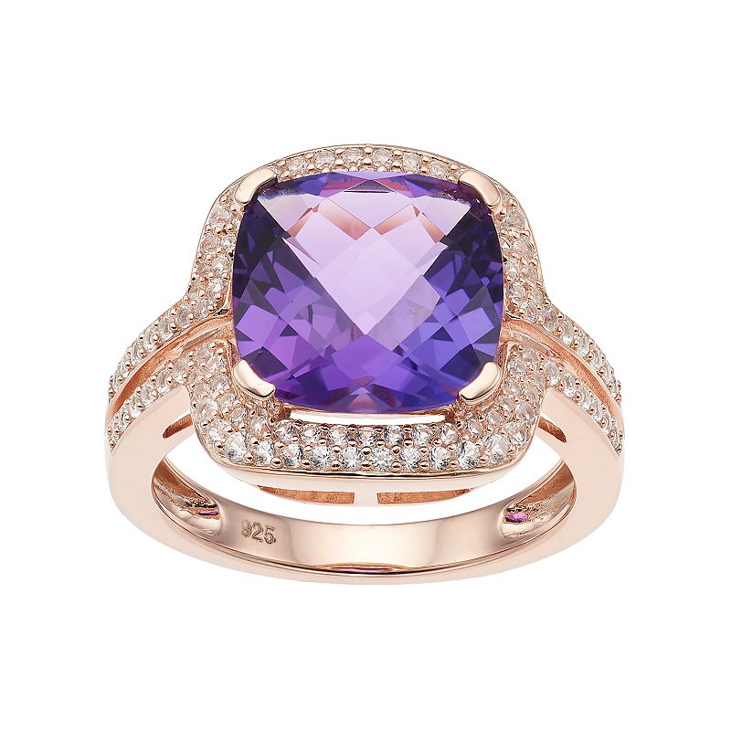 14k Rose Gold Over Silver Amethyst & Lab-Created White Sapphire Square Halo