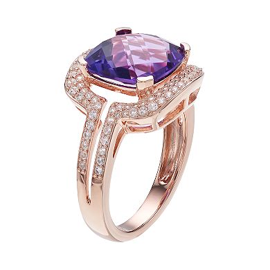 14k Rose Gold Over Silver Amethyst & Lab-Created White Sapphire Square Halo Ring