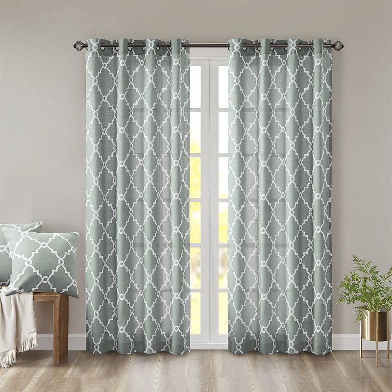 Madison Park Saratoga Single Window Curtain Light Filtering Fretwork Print 1 Panel Grommet Top Drape/Valance for Living Room Bedroom and Dorm  50x63  Seafoam  Model:MP40-2401