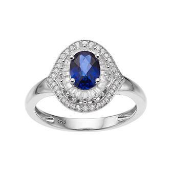 Sterling Silver Lab-Created Blue & White Sapphire Oval Halo Ring