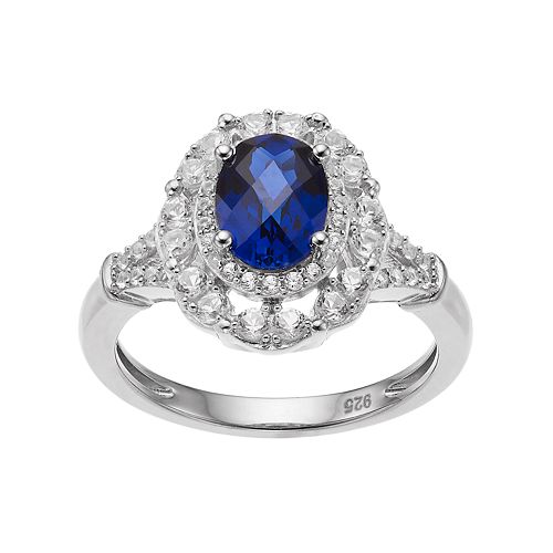 Sterling Silver Lab-Created Blue & White Sapphire Oval Halo Ring