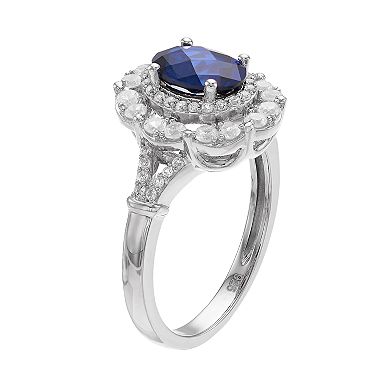 MASTERPIECE Sterling Silver Lab-Created Blue & White Sapphire Oval Halo Ring