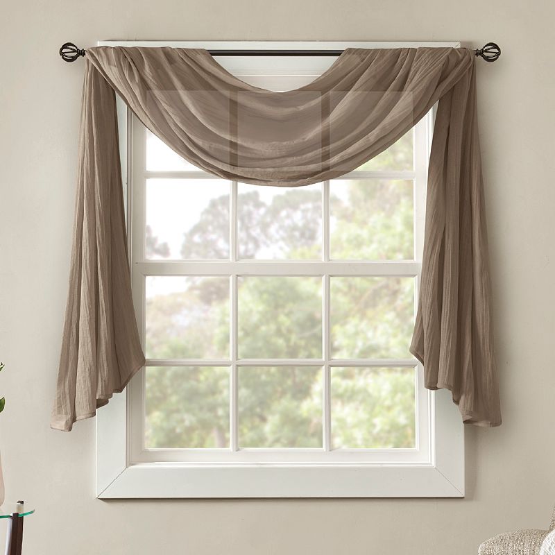 216"x42" Avery Solid Crushed Scarf Sheer Taupe: Madison Park Window Scarf, Modern Sheer Curtain Panel