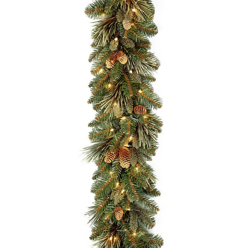 National Tree Company Pre-Lit Artificial Christmas Garland  Green  Carolina Pine  White Lights  Decorated with Pine Cones  Battery Operated  Christmas Collection  9 Feet